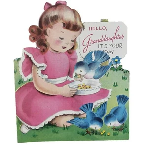 Birds Eating Mechanical Birthday Card for Granddaughter 1950s Bluebird Girl A337 - Picture 1 of 5