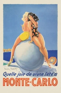 Monte Carlo - Louis Icart Sexy Female French Riviera Vintage Travel Poster 19x13 - Picture 1 of 1