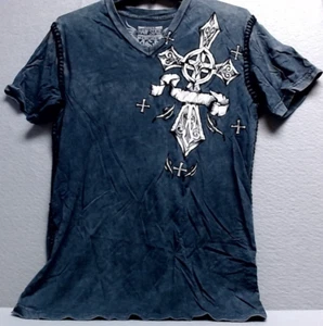 VTG Y2K Raw State Premium Affliction Shirt Mens Medium Gray Cross Wings - Picture 1 of 3