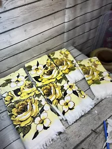 Vintage 2 Yellow Terry Bath Towels with Flower 2 Hand Towels Grandma MCM Cottage - Picture 1 of 5