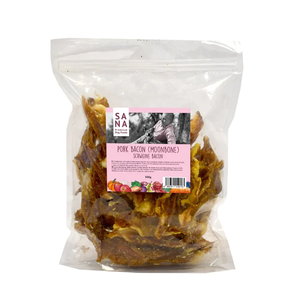 SANADOG Schweine Bacon Hunde - 500 Gramm getrocknet natürliches Hundefutter Snack BARF
