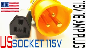 115v 16 amp plug adapter to 110v 15amp US socket fly lead coupler - Picture 1 of 6
