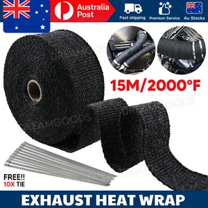 2000F Exhaust Wrap Heat Resistant 15M x 50mm + 10 Stainless Steel Ties Black - Picture 1 of 9