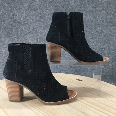 TOMS Boots Womens 8.5 Majorca Casual Zip Peep Toe Ankle Bootie Black Suede Heels - Image 1 of 4
