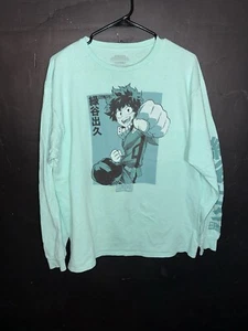 My Hero Academia T-Shirt Adult Large Blue Teal Deku Punch Kanji Long Sleeve - Picture 1 of 7