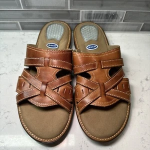 Dr Scholls Sandals Women's 8.5 Brown Leather Wedge Gel Pac Heel Slides Shoes EUC - Picture 1 of 13