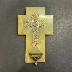 Superbe bénitier au décor d'une Croix en cloisonné sur onyx et métal doré - Picture 1 of 8