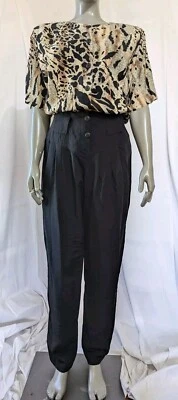 Macacão vintage década de 1980 Jil Mykals chita e preto plissado presilhas grandes M - Imagem 1 de 4