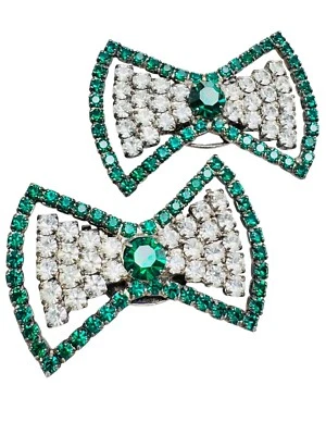 Vintage Green Clear Rhinestone Bow Shoe Clips Pat Pend 2" - Image 1 of 4