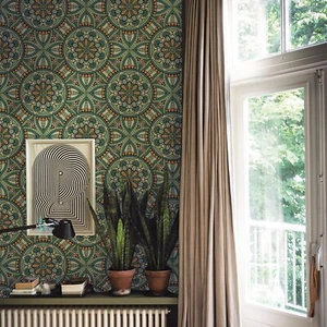 2 Rolls 17.3"X236 "  Boho Green Circle Wallpaper Peel And Stick Cabinet Sticker - Picture 1 of 13