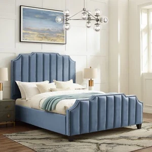 Glam Velvet Channel Tufted King/Queen Bed with Silver Nailhead Trim for Bedroom - Picture 1 of 91