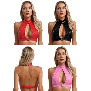 Mujeres Sexy Camisola de Cuero Busto Abierto Látex Halter Cuello Cuero Corto Camisetas sin Mangas - Imagen 1 de 29