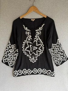 Scully Blouse Womens Small Black Embroidered Boho Western Rodeo Tunic Cowgirl - Picture 1 of 9