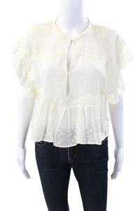 IRO Womens Ruffled Short Sleev Lace Trim Silk Keyhole Top White Size FR 38 - Picture 1 of 6