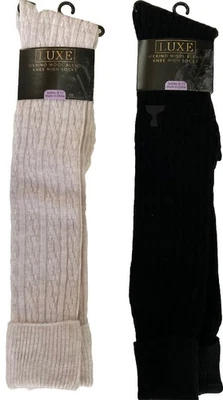 Women’s Luxe Wool Blend  Knee Knit High Socks Shoe 911 - 2 Pairs Cream/Black New - Image 1 of 4
