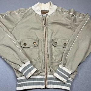 Brittania Sz Med Vintage 80s Tan Bomber Jacket Stretch Stripe Full Zip FLAWS - Picture 1 of 9