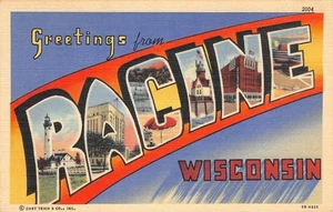 RACINE Wisconsin Large Letter Linen Greetings c1940s Vintage Postcard - Picture 1 of 2