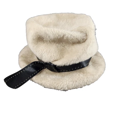 Marche Fur Pillbox Style Hat w/Brim & Leather Band – Mod 60s Beige Vintage - Image 1 of 4