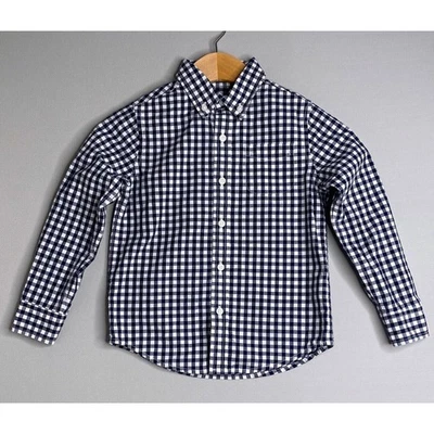 JANIE AND JACK Boys 4 Navy Blue & White Gingham Button Down Shirt Fall Classics - Image 1 of 4