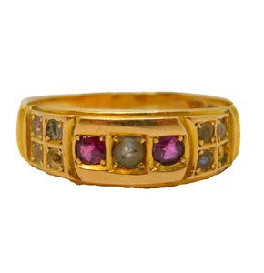 Victorian 15ct Yellow Gold, Ruby & Seed Pearl Boat Ring Antique 1897 - Picture 1 of 5