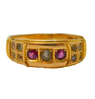 Victorian 15ct Yellow Gold, Ruby & Seed Pearl Boat Ring Antique 1897 - Image 1 of 4