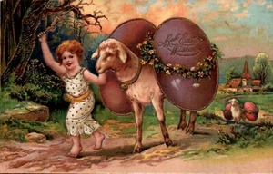 1907 EASTER POSTCARD Child Leading Sheep w/Two Large Eggs Gold Outlines Embossed - Picture 1 of 2