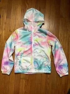 JUSTICE Girls Raincoat with hood Tie-dye Rainbow colors Size 12 lightweight - Picture 1 of 6