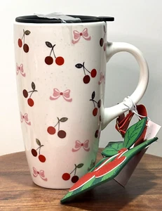Petal & Pearl Bows and Cherries Ceramic Travel Coffee Mug Lid, Luggage Tag - Picture 1 of 10