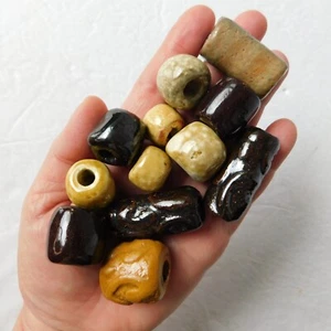 Vintage Macrame Beads Ceramic Handmade Lot fo 12 Rustic, Large Hole Glazed Clay - Picture 1 of 14