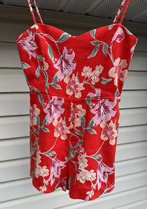 Privacy Please Bayside Romper Red Jessa Linen Floral Stretch Pockets Sz S
