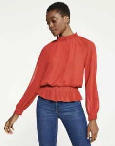 NWT Women's Ann Taylor L/S Pleated Smocked Waist Blouse Top Candy Red Sz XL - Picture 1 of 12