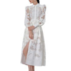 Womens Long Puff Sleeve Hollow Out Floral Lace Mid Long Shirt Dress A Line Party