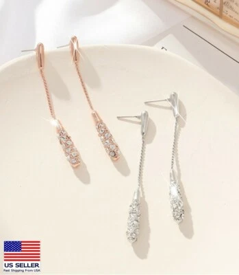 Fashion Women Simple Jewelry Earrings Crystal Teardrop Droplets Tassel Stud 0475 - Image 1 of 4