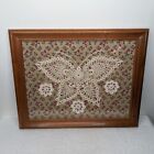 Vnt 1997 Crocheted Butterfly Doily Floral Fabric Framed 13.5" x 16" Handcrafted
