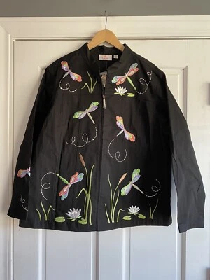 W50 Quacker Factory Embellished Jacket Black Rhinestone DragonFly Womens 1X - Image 1 of 3