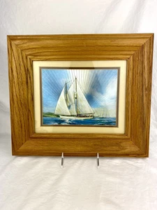 Vintage Foil Etched Ship Sail Boat Framed Matted Print Picture Oak Wood Frame - Picture 1 of 11