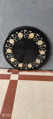 12" black coffee center marble table top inlay yellow mop home room decor - Image 1 of 4