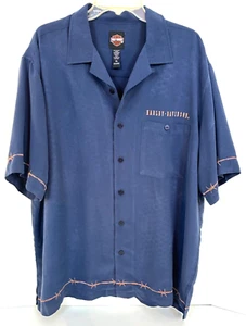 Harley-Davidson Button up Shirt Sz XL Navy Blue Embroidery Detail Barbwire/Skull - Picture 1 of 17