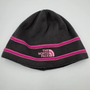 The North Face Youth Girls Knit Beanie Hat Size Medium Gray Pink Fleece Lined - Picture 1 of 5