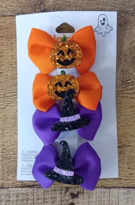 4 Pack Kids Glittery Halloween Hair Clips Barrettes - Pumpkin Bow & Witches Bow - Image 1 of 4