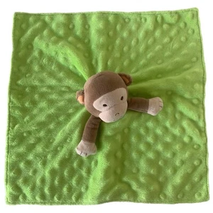Okie Dokie Monkey Lovey Security Blanket Green Minky Dots Satin Back 14" Rattles - Picture 1 of 15
