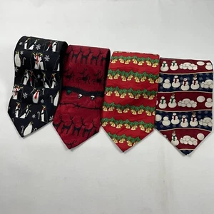 Christmas Neckties Lot of 4 Holiday Santa Snowman Reindeer Preowned Men's ties  - Picture 1 of 12