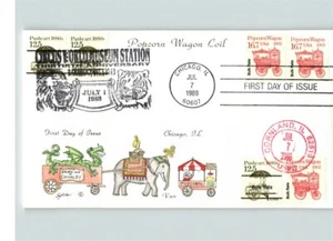 Hand Painted POPCORN WAGON Coil FDC, dual cancel, Chicago, IL and Cortland, IL,  - Picture 1 of 1
