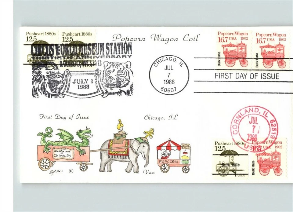 Hand Painted POPCORN WAGON Coil FDC, dual cancel, Chicago, IL and Cortland, IL,  - Image 1 of 1