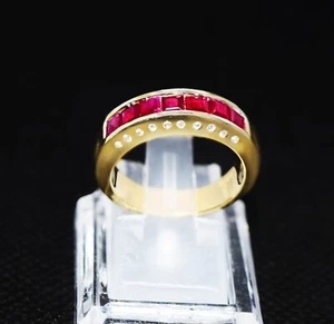 Red Cherry Ruby Channel Set & 20 Genuine Diamond 3D 14K Yellow Gold Ring S.6.75 - Picture 1 of 19