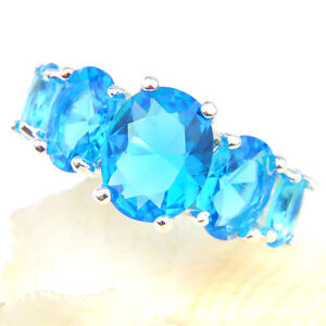 Gorgeous Shiny Flower Titanic Ocean Blue Topaz Gemstone Silver Woman Ring Sz 6-9
