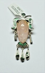 .850 Sterling Silver Hand Made Aztec Head With Carved Rose Quartz and Malachite - Picture 1 of 3