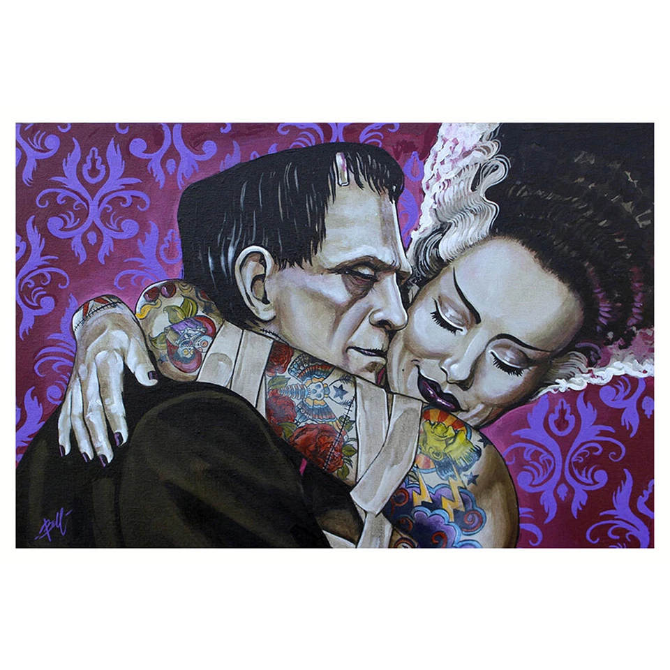Undying Love by Mike Bell Tattoo Fine Art Print Bride of Frankenstein Monster - Imagem 1 de 1