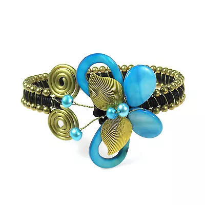 Blue Mother of Pearl-Pearl Butterfly Brass Wire Cuff - Image 1 of 3