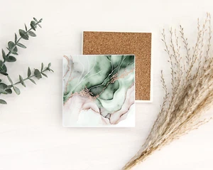 Handmade 4 in Ceramic Square Coaster-Pink-Teal-Beige Gold Marble-Christmas-Gift - Picture 1 of 1